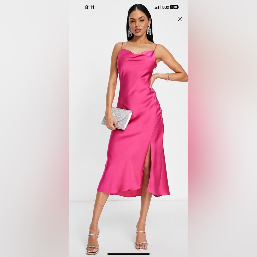 Trendyol cowl neck midi satin dress in fuchsia size EU 40